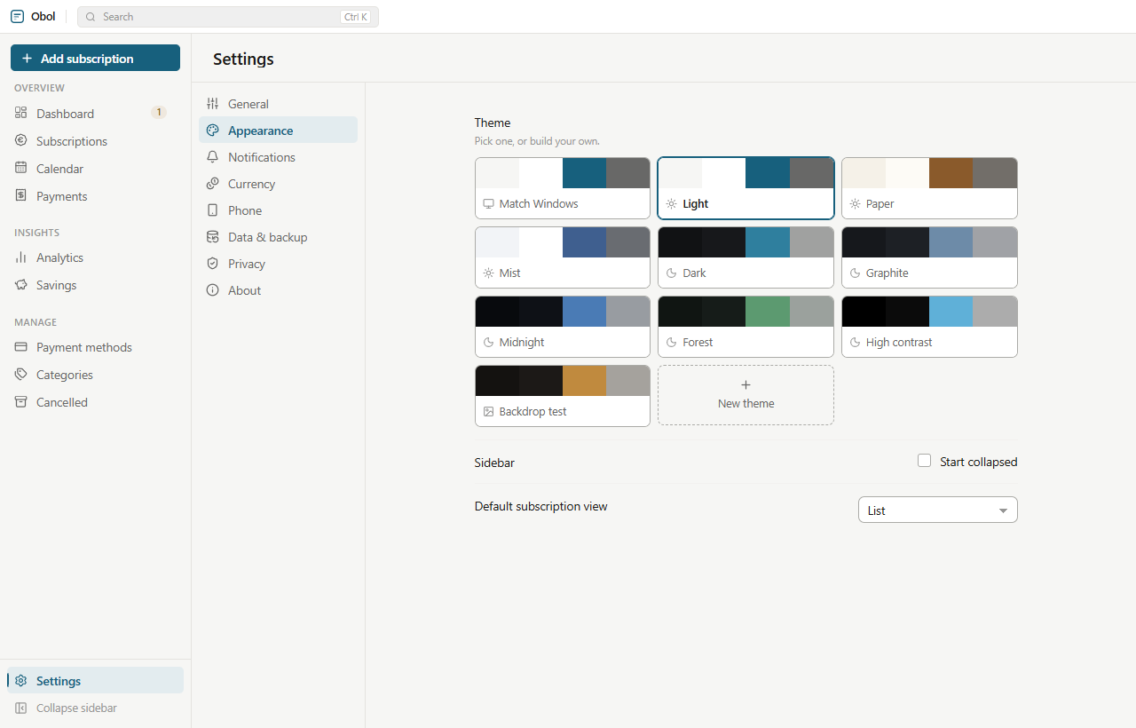 Settings, Appearance: the built-in themes shown as swatches, with controls for a custom theme and a background image.