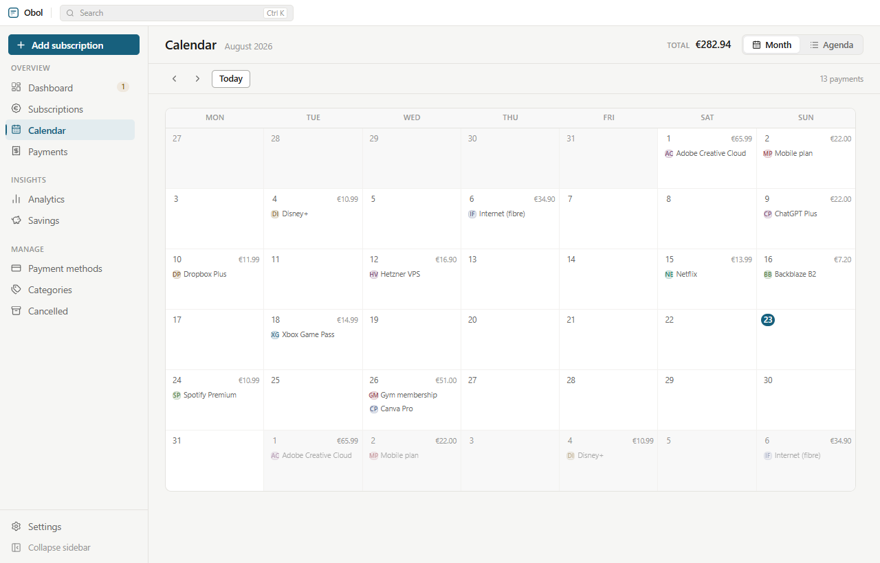The calendar screen showing a month of charges, each day listing the services billed on it and the amount.