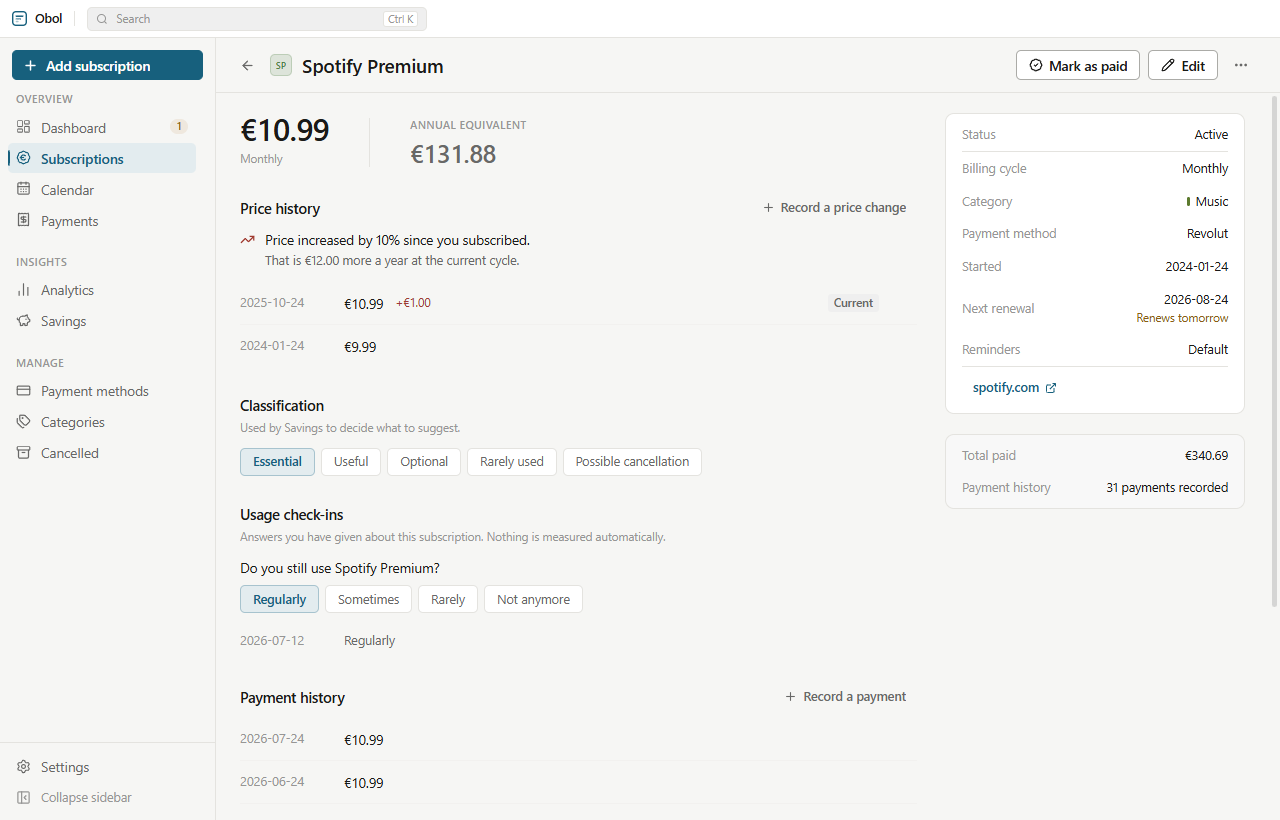 A subscription detail page showing the amount, annual equivalent, price history with a 10% increase, classification buttons, usage check-ins and payment history.