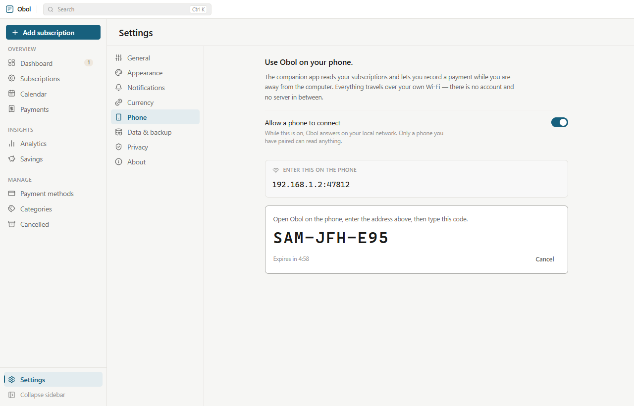 The Phone section of Obol's settings: a switch to allow a phone to connect, the local address to enter, and a one-time pairing code that expires in five minutes.