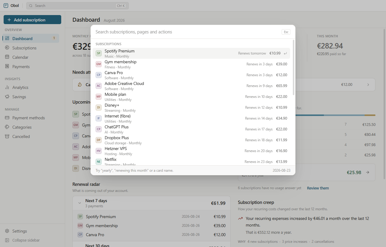 The command palette opened with Ctrl+K, searching across subscriptions, payments and screens.