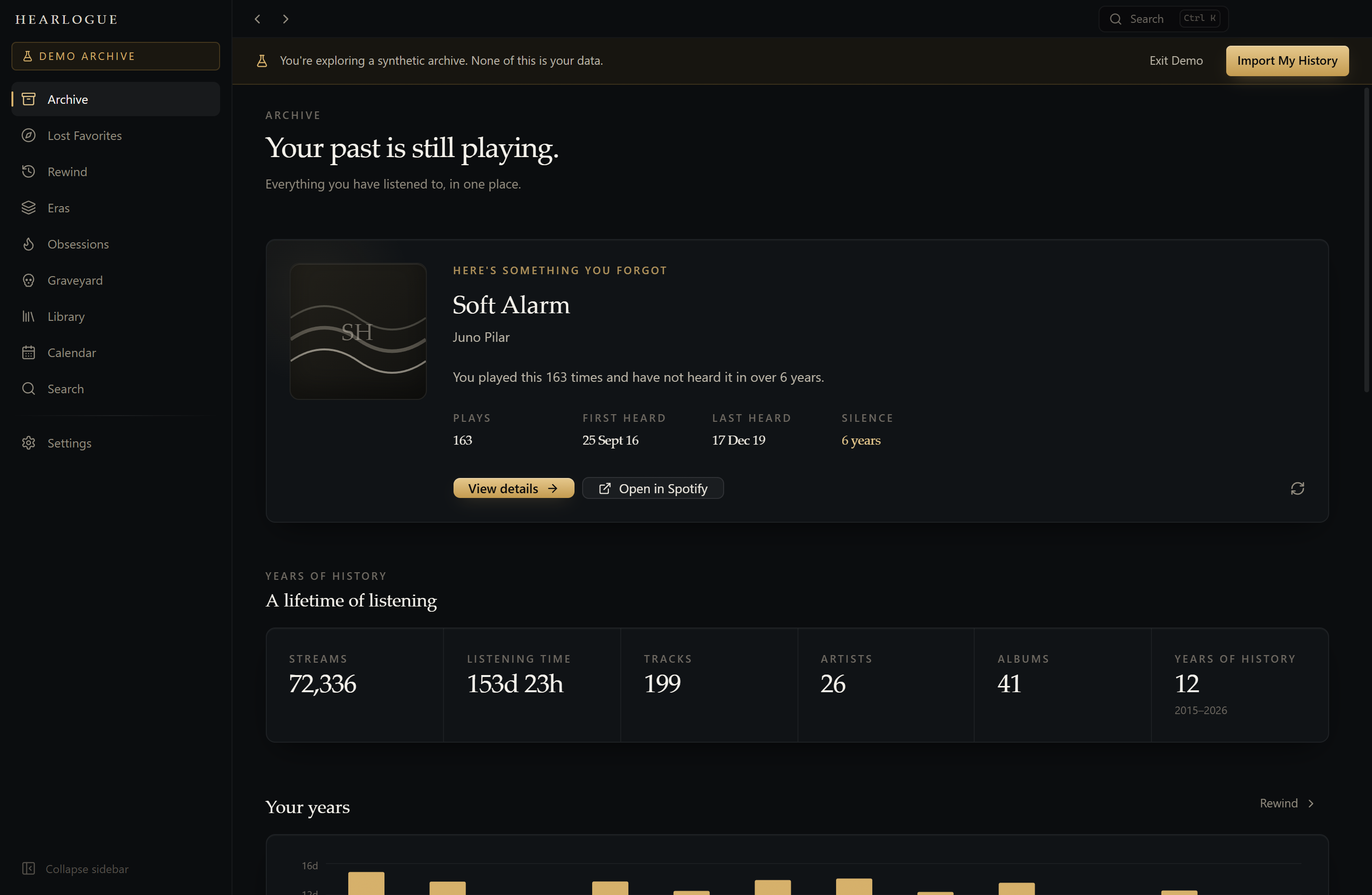 The HEARLOGUE Archive screen, showing a forgotten track resurfaced alongside lifetime listening statistics.