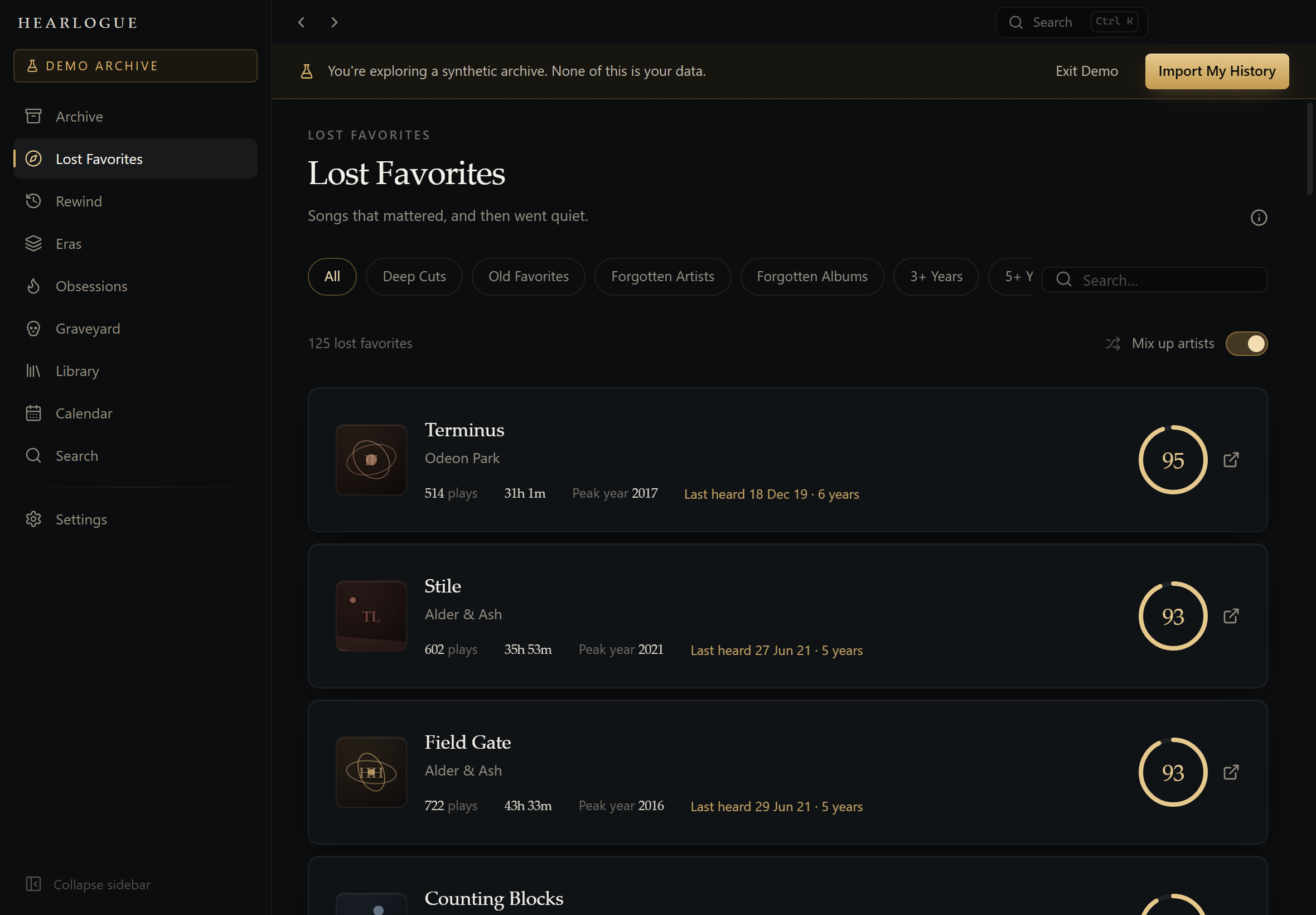 The Lost Favorites screen, listing dormant tracks with their scores and filter chips.