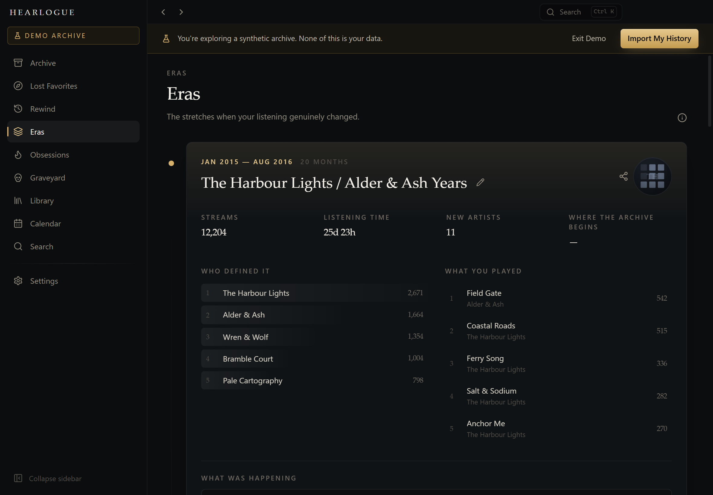 The Eras screen, showing a timeline of listening eras with their dominant artists and top tracks.