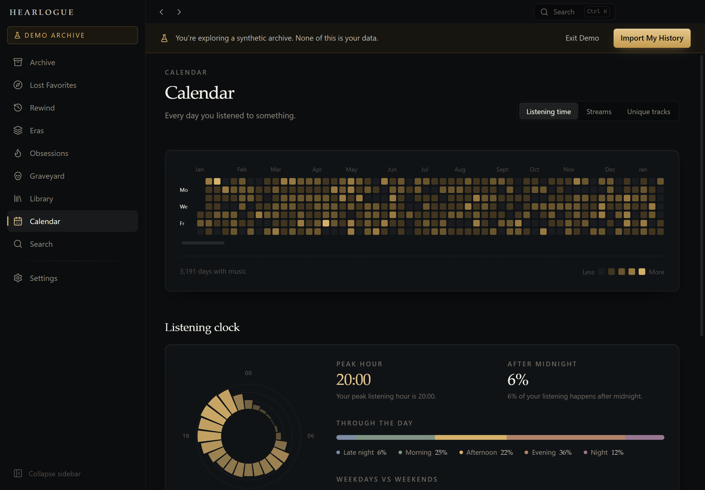 The Calendar screen, showing a multi-year listening heatmap above a radial 24-hour listening clock.